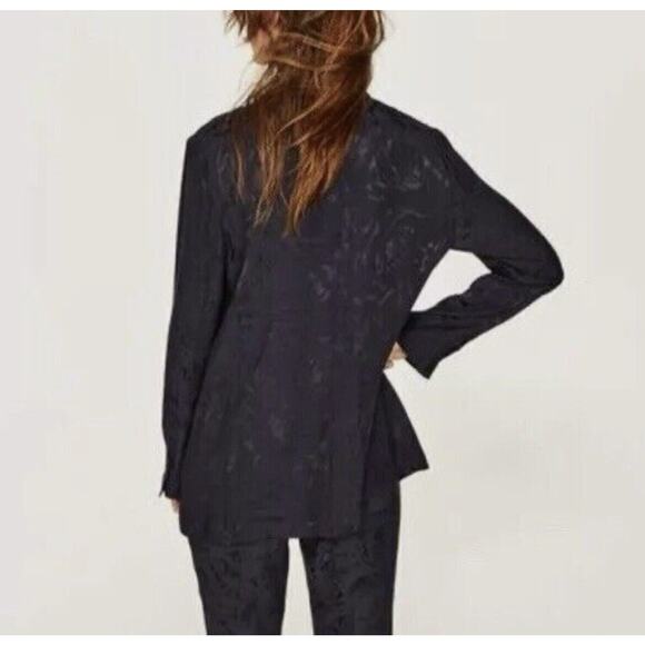 Zara Floral Jacquard Blazer Jacket Size Small Dark Blue Double Breasted Brocade - Picture 3 of 16